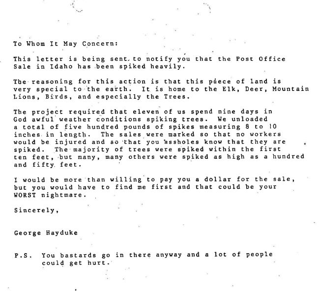 Letter written by whiny hippie tree spikers